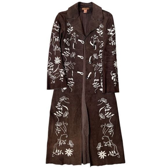 ARDEN B Brown Suede Leather Whit Ivory Embroidery 3-Toggle Closure Coat Sz XS - Picture 7 of 8